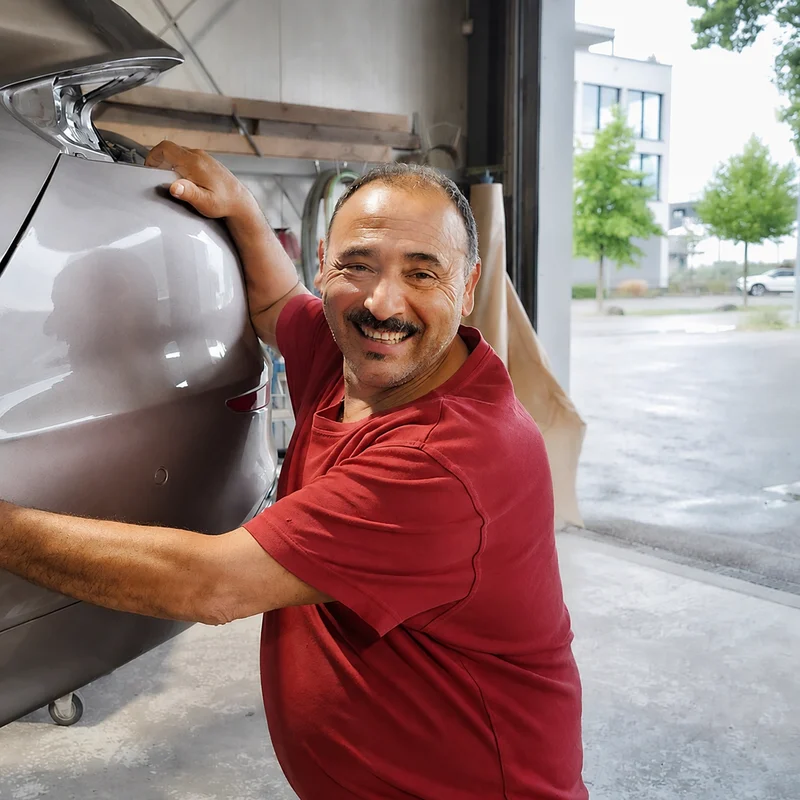 Mauri Crimi arbeitet am Radlauf eines Autos in der Werkstatt
